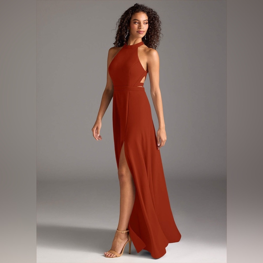 Azazie Clarice Rust A-Line High Neck Stretch Crepe Dress Size A8 Euc